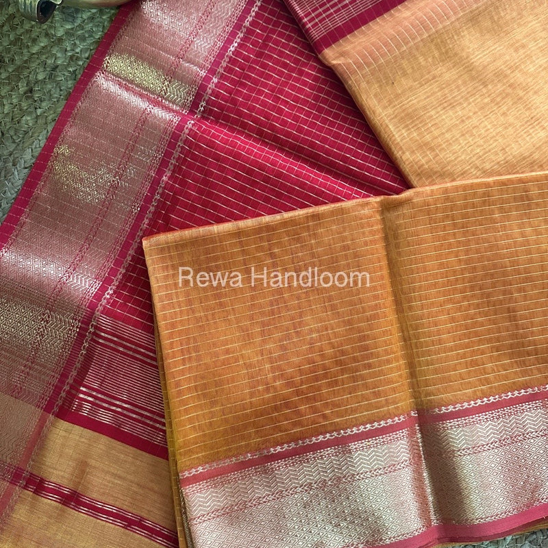Maheshwari Mustard Orange Zari Linning Saree GL023
