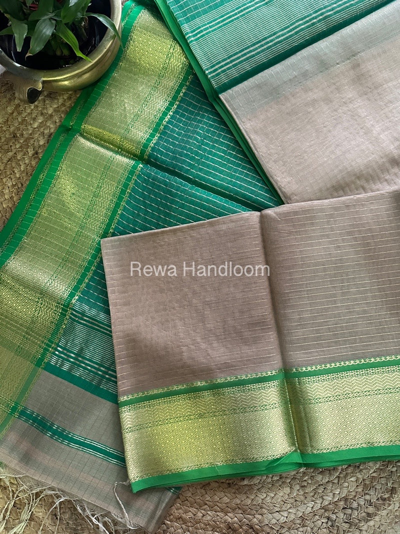 Maheshwari Beige Zari Linning Saree GL026