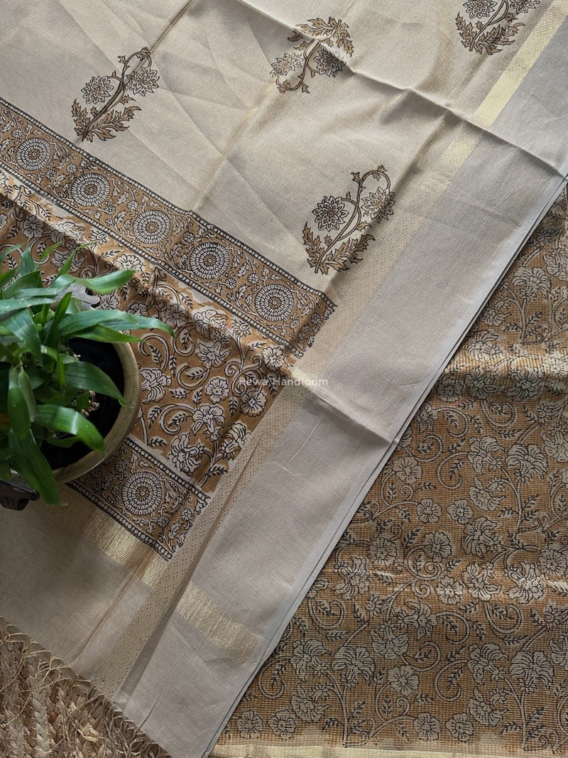 Maheshwari Handblock Tissue Top-Dupatta
