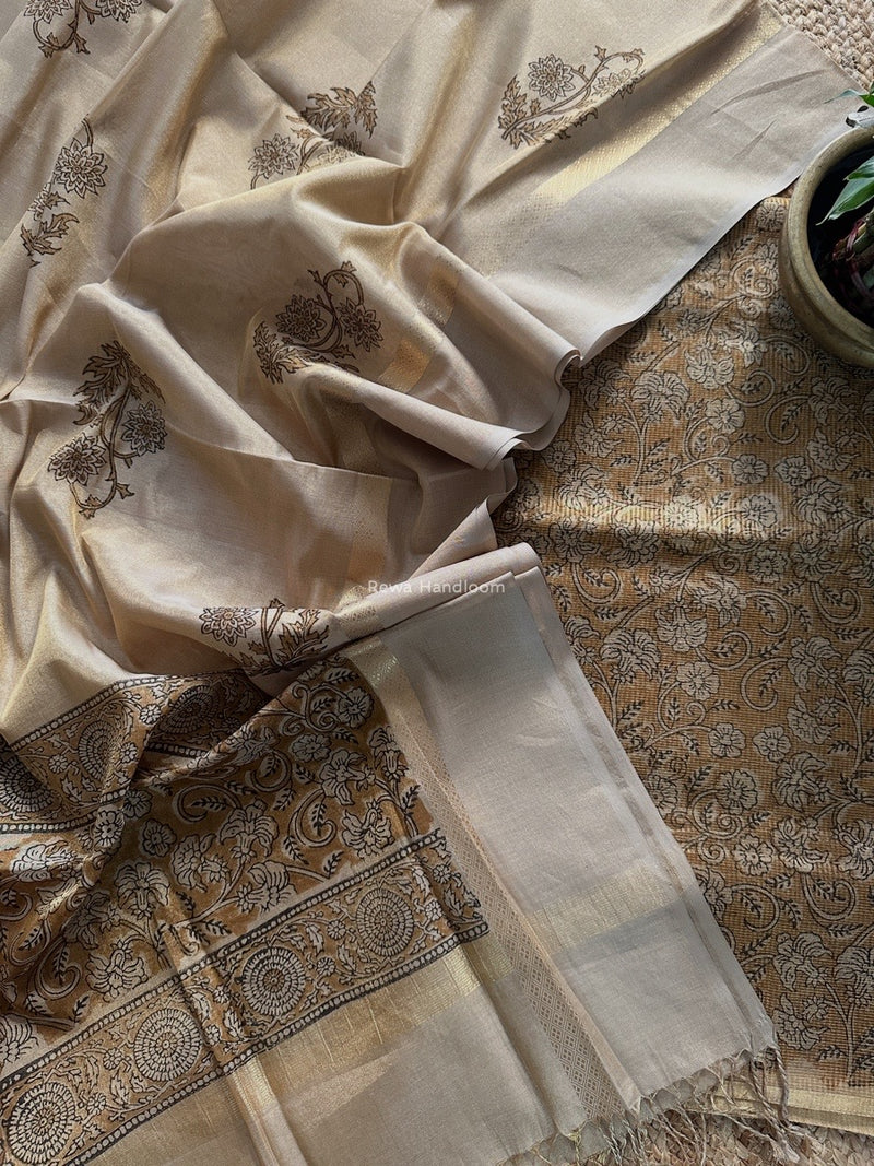 Maheshwari Golden Yellow  Handblock Tissue Top-Dupatta PRT018