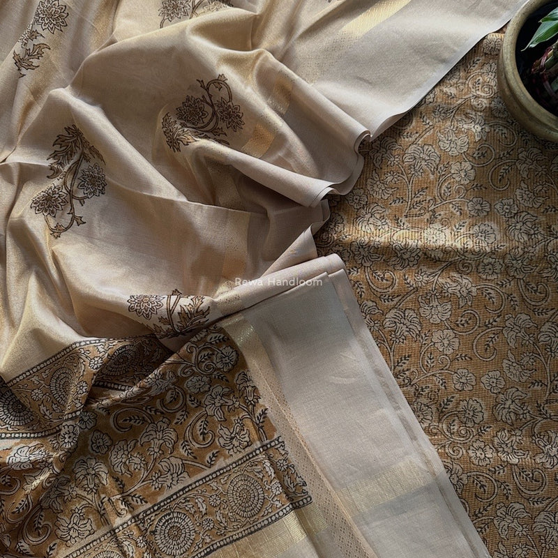 Maheshwari Golden Yellow  Handblock Tissue Top-Dupatta PRT018