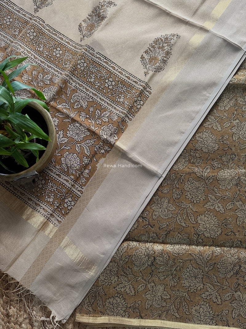 Maheshwari Handblock Tissue Top-Dupatta