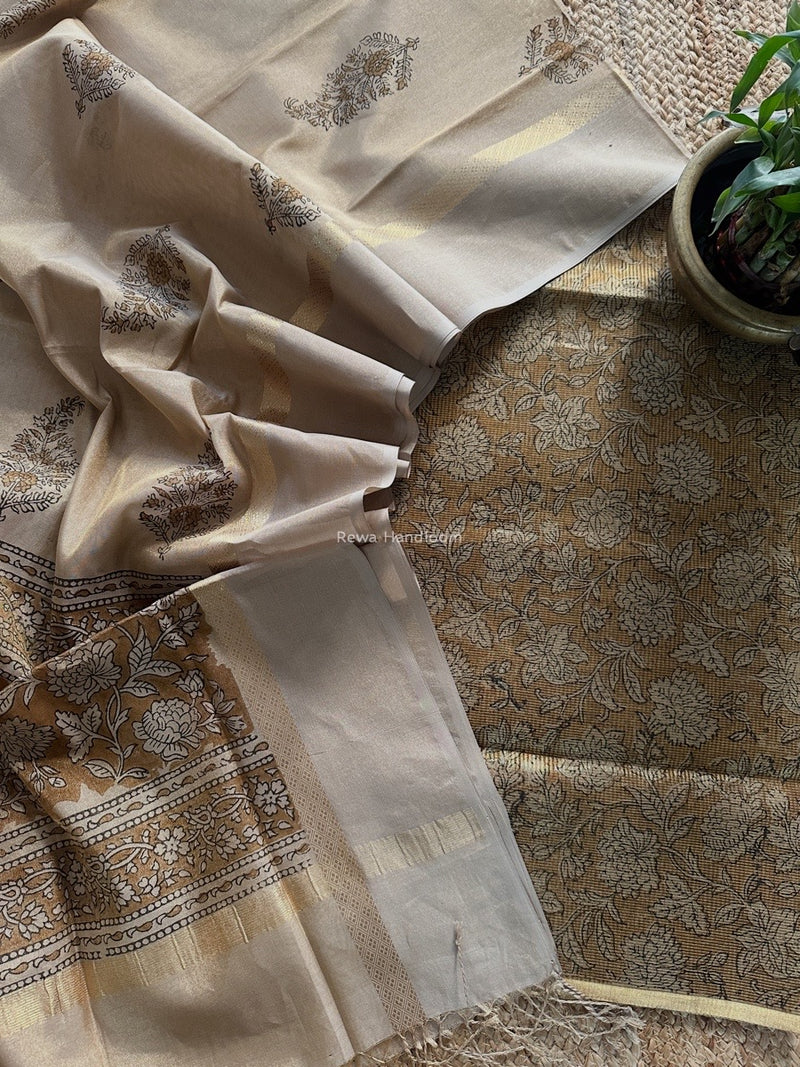 Maheshwari Golden Yellow  Handblock Tissue Top-Dupatta PRT017