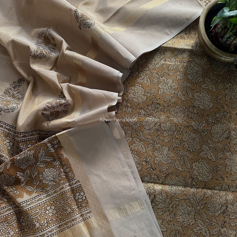 Maheshwari Golden Yellow  Handblock Tissue Top-Dupatta PRT017