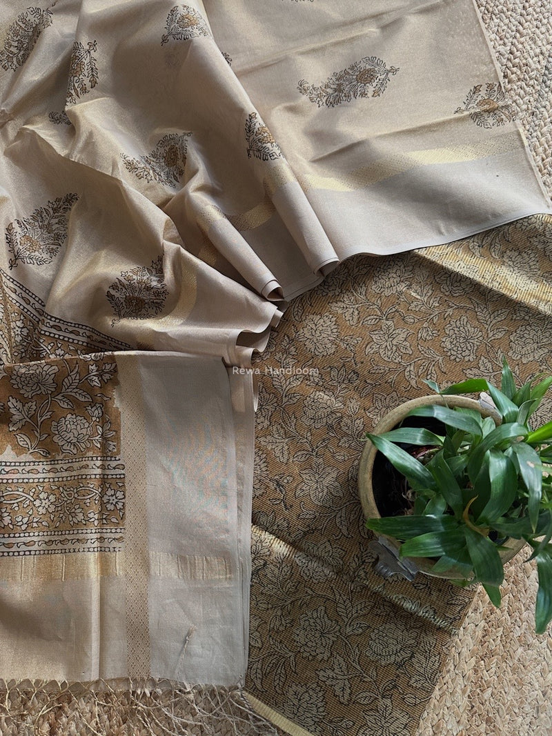 Maheshwari Golden Yellow  Handblock Tissue Top-Dupatta PRT017