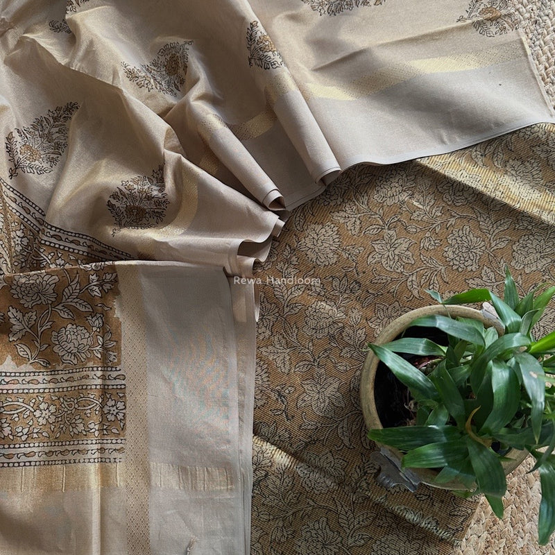 Maheshwari Golden Yellow  Handblock Tissue Top-Dupatta PRT017