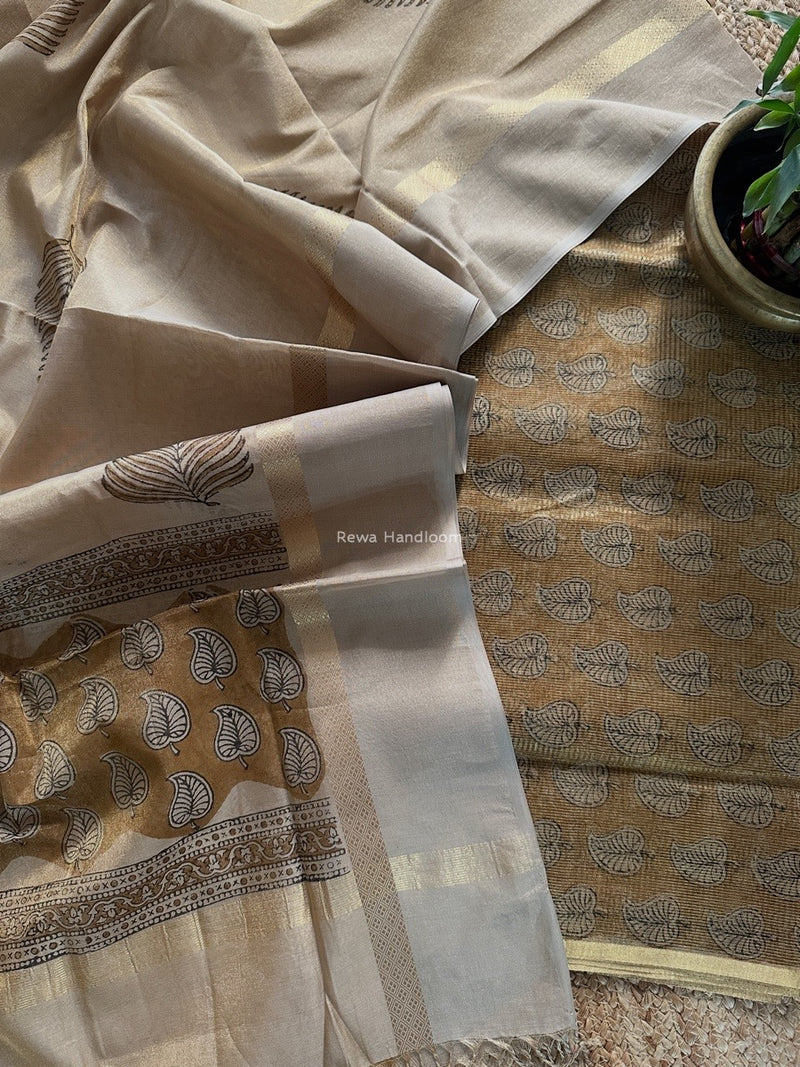 Maheshwari Golden Yellow  Handblock Tissue Top-Dupatta PRT017