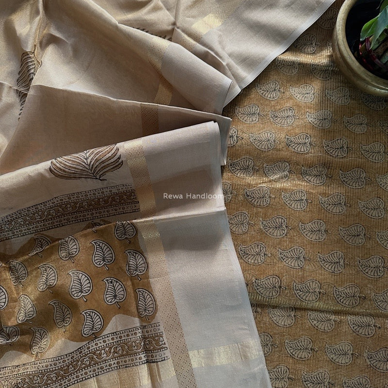 Maheshwari Golden Yellow  Handblock Tissue Top-Dupatta PRT017