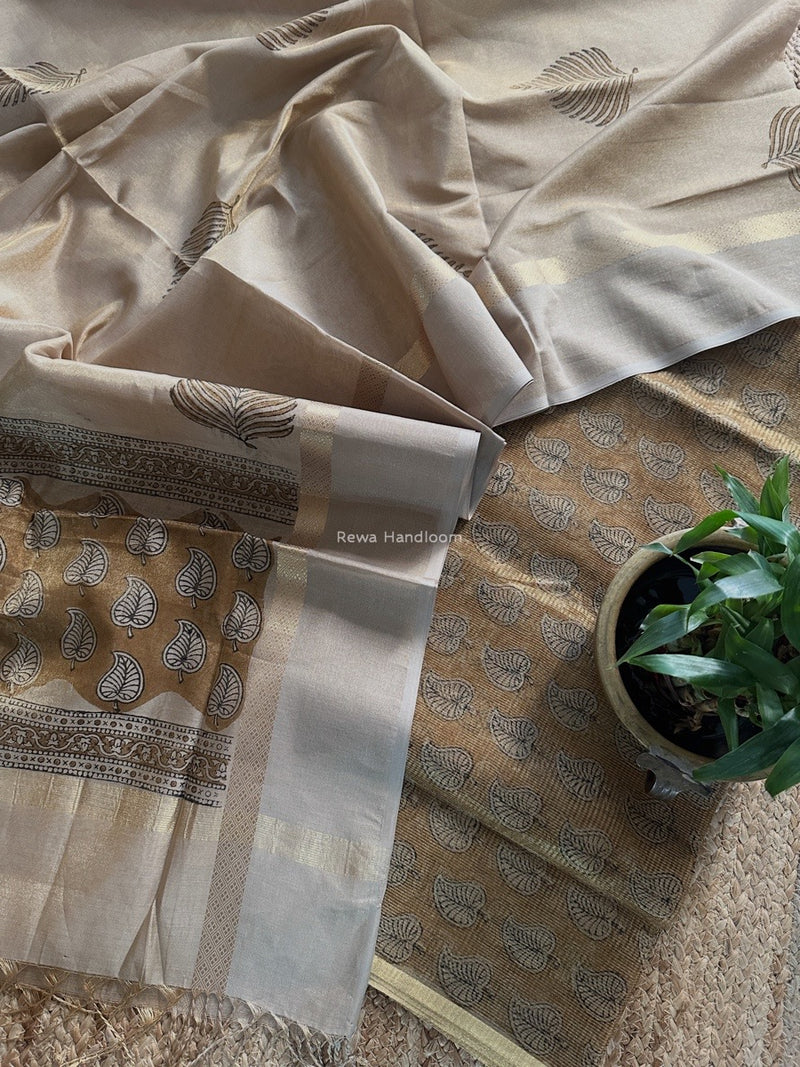 Maheshwari Golden Yellow  Handblock Tissue Top-Dupatta PRT017