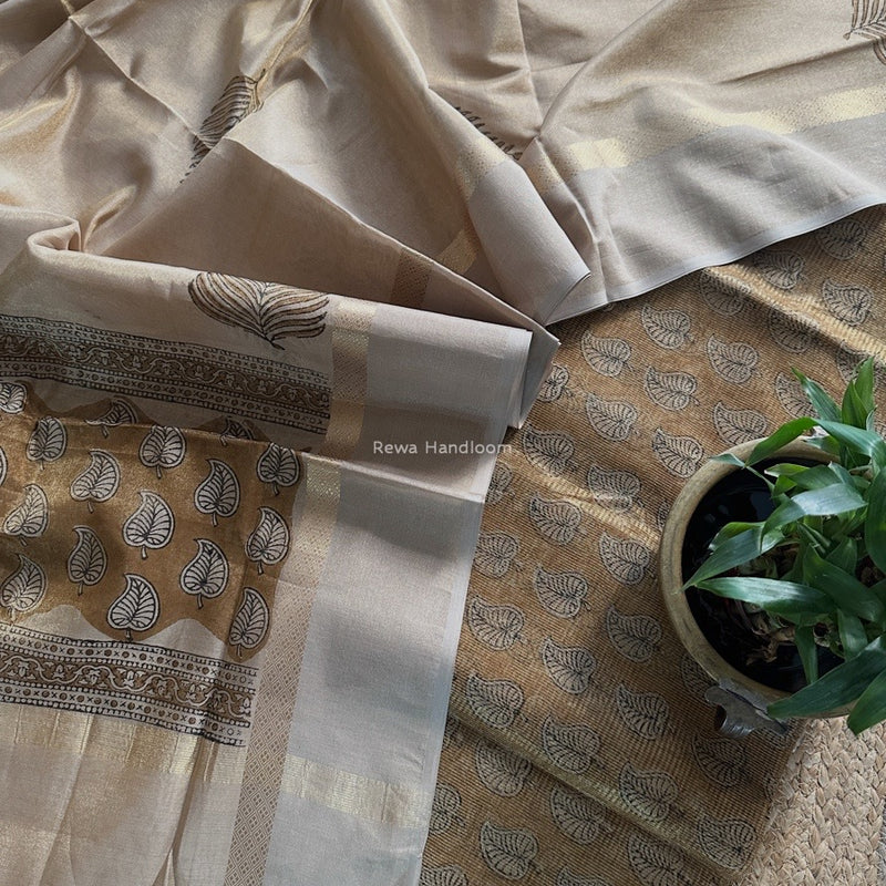 Maheshwari Golden Yellow  Handblock Tissue Top-Dupatta PRT017