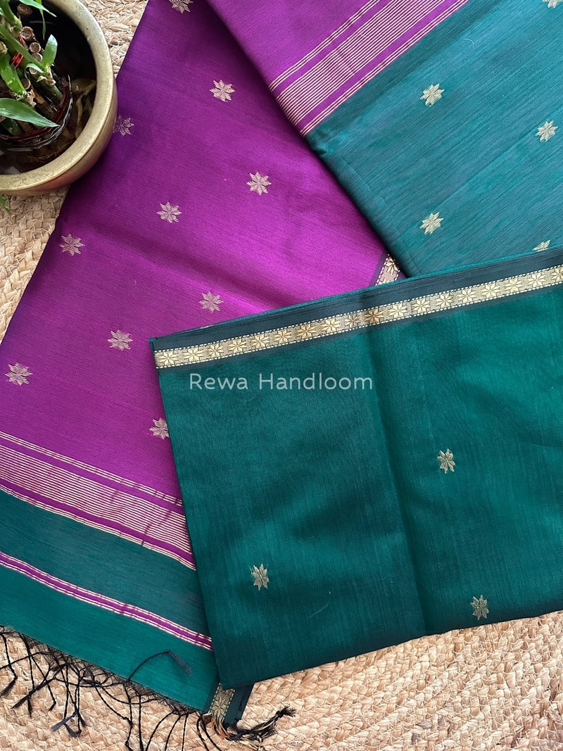 Bottle Green-Purple Zari Butti Maheshwari Saree SBS0037