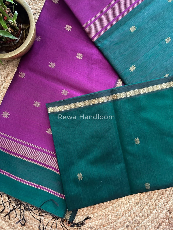 Bottle Green-Purple Zari Butti Maheshwari Saree SBS0037