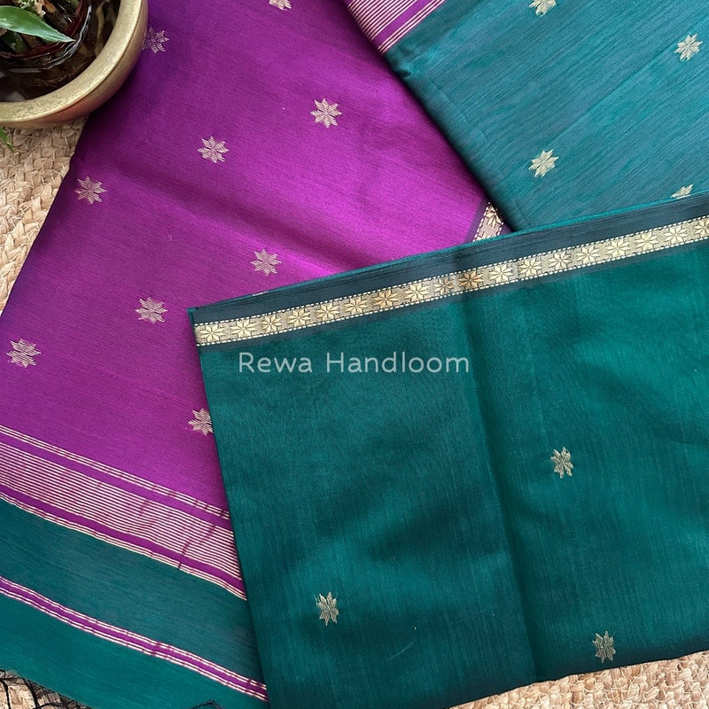 Bottle Green-Purple Zari Butti Maheshwari Saree SBS0037