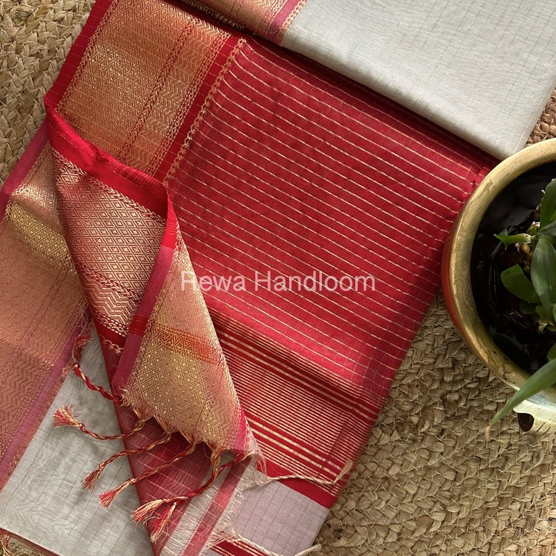 Maheshwari Off White Zari Linning Saree-GL013