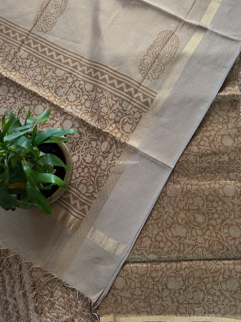 Maheshwari Handblock Tissue Top-Dupatta 