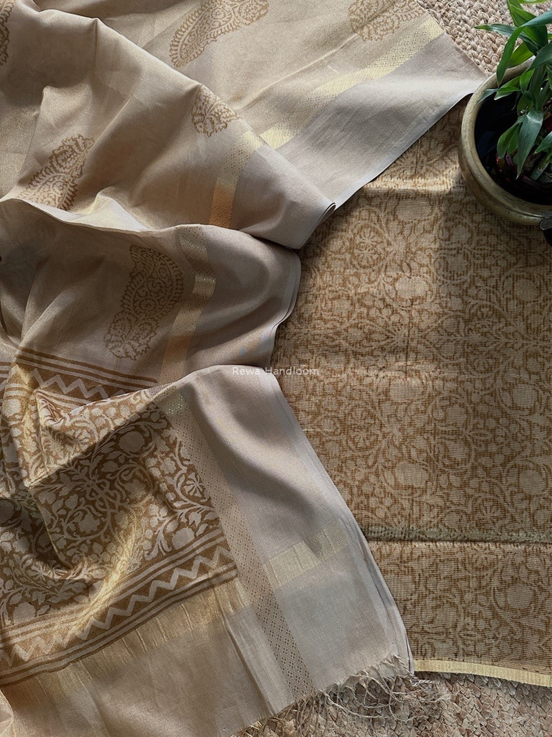 Maheshwari Golden Yellow  Handblock Tissue Top-Dupatta PRT019