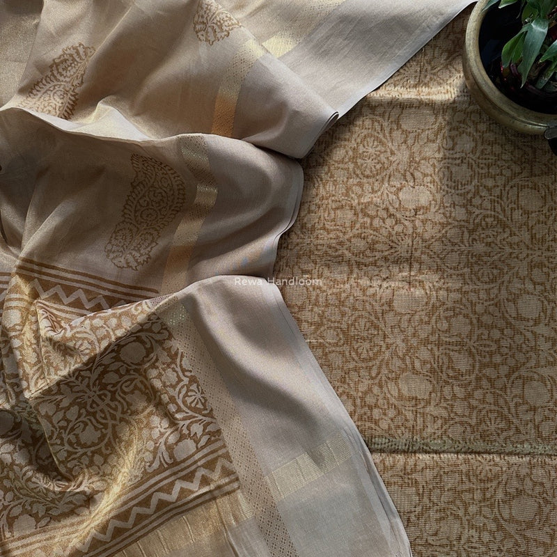 Maheshwari Golden Yellow  Handblock Tissue Top-Dupatta PRT019