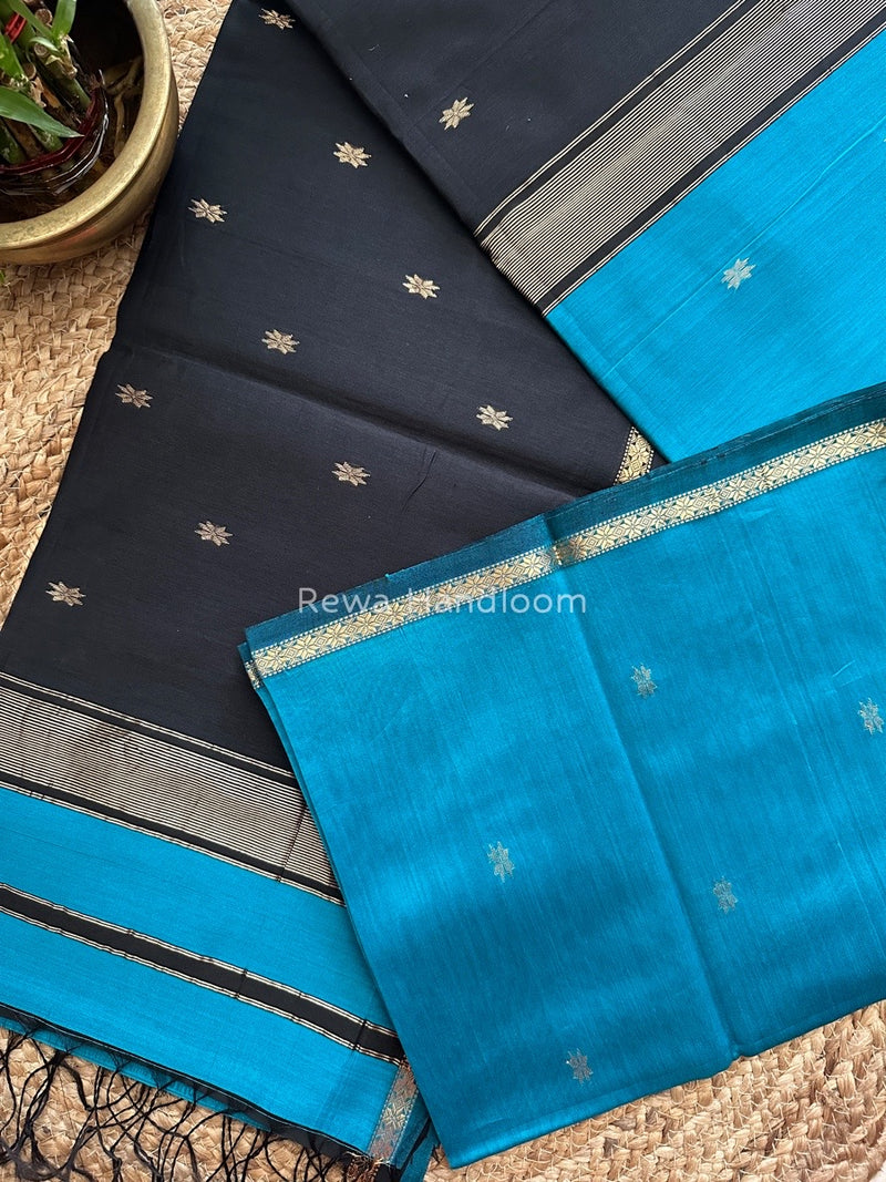 Rama Blue-Black Zari Butti Maheshwari Saree SBS0040
