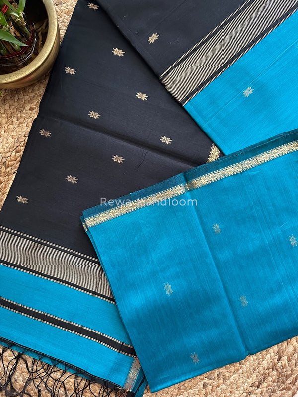 Rama Blue-Black Zari Butti Maheshwari Saree SBS0040