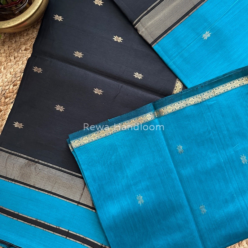 Rama Blue-Black Zari Butti Maheshwari Saree SBS0040