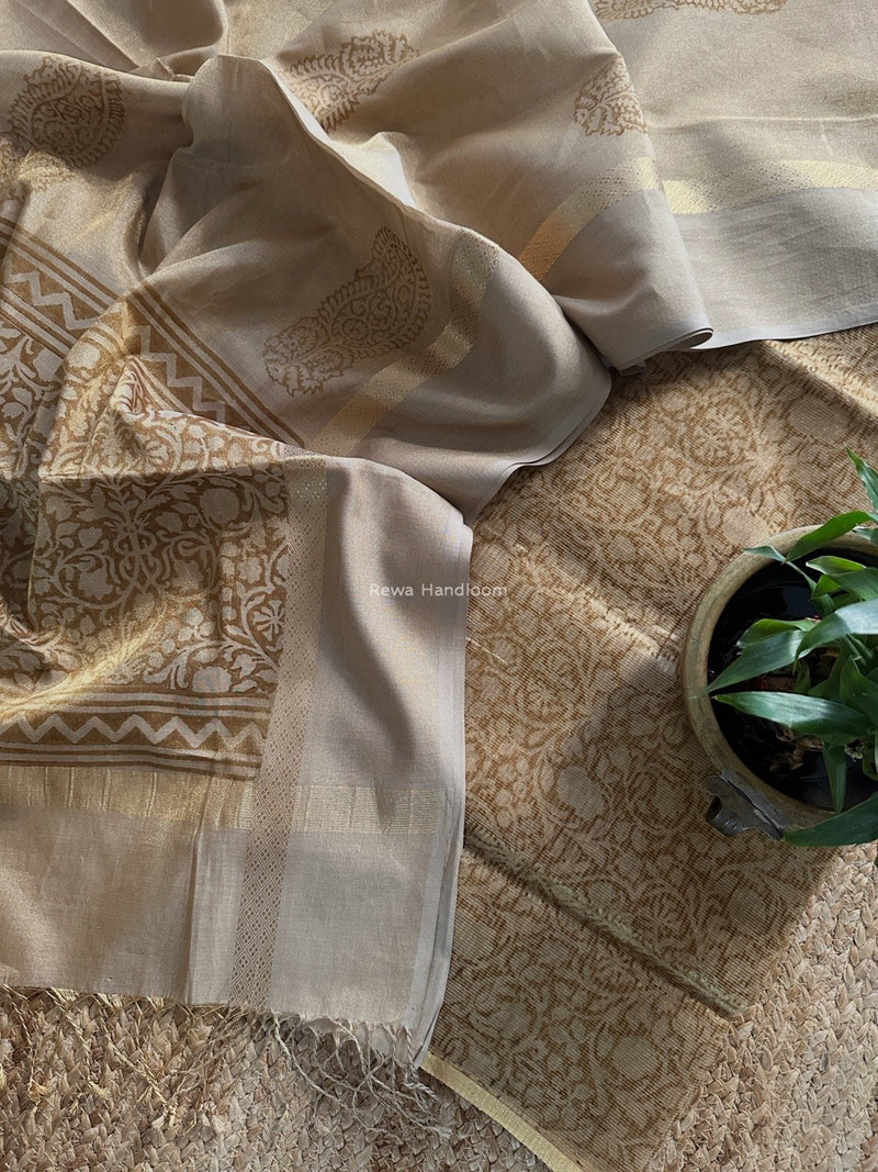 Maheshwari Golden Yellow  Handblock Tissue Top-Dupatta PRT019