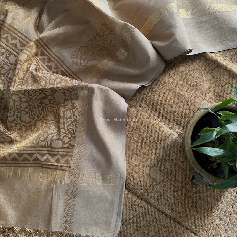 Maheshwari Golden Yellow  Handblock Tissue Top-Dupatta PRT019