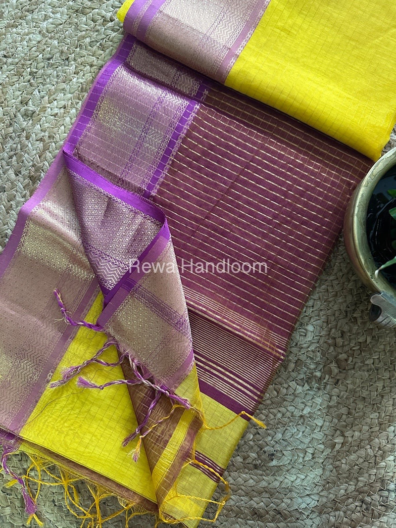 Maheshwari Mustard Yellow Zari Linning Saree GL016