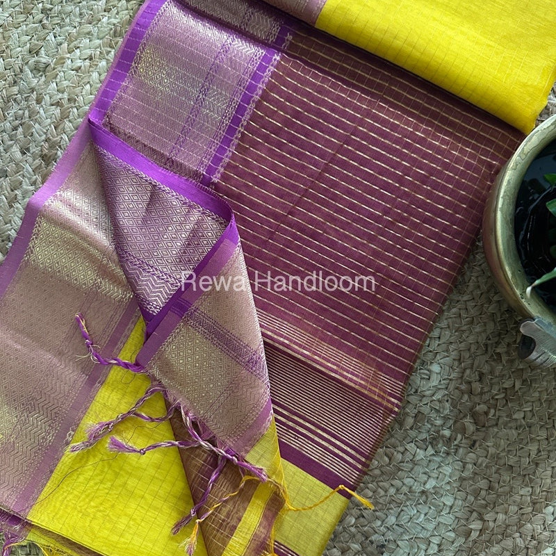 Maheshwari Mustard Yellow Zari Linning Saree GL016