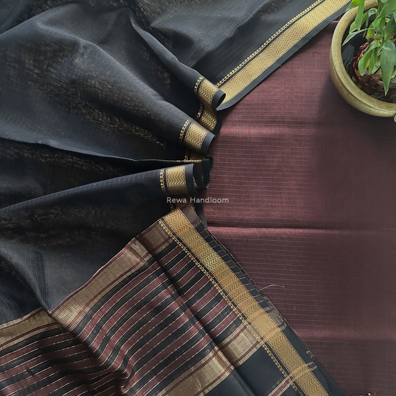 Maheshwari Brown-Black Zari Border Dress Material MSBS023