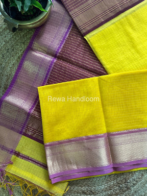 Maheshwari Lemon Yellow Zari Linning Saree-GL015