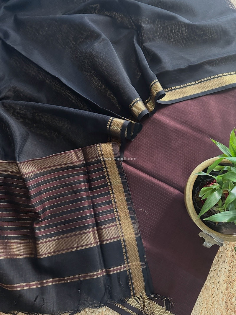 Maheshwari Brown-Black Zari Border Dress Material MSBS023