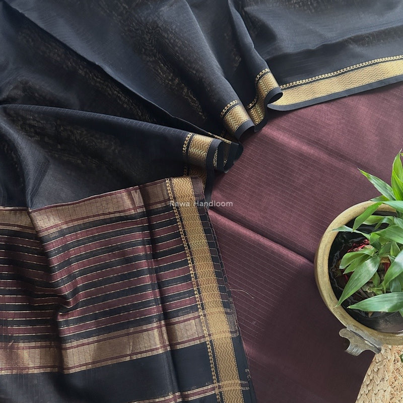 Maheshwari Brown-Black Zari Border Dress Material MSBS023