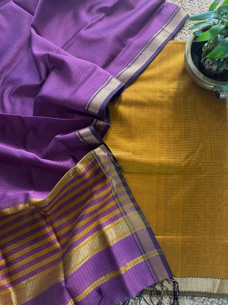 Maheshwari Turmeric-Lavender Zari Border Dress Material MSBS024