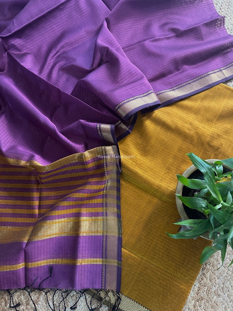 Maheshwari Turmeric-Lavender Zari Border Dress Material MSBS024