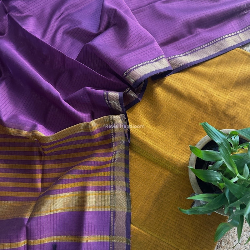 Maheshwari Turmeric-Lavender Zari Border Dress Material MSBS024