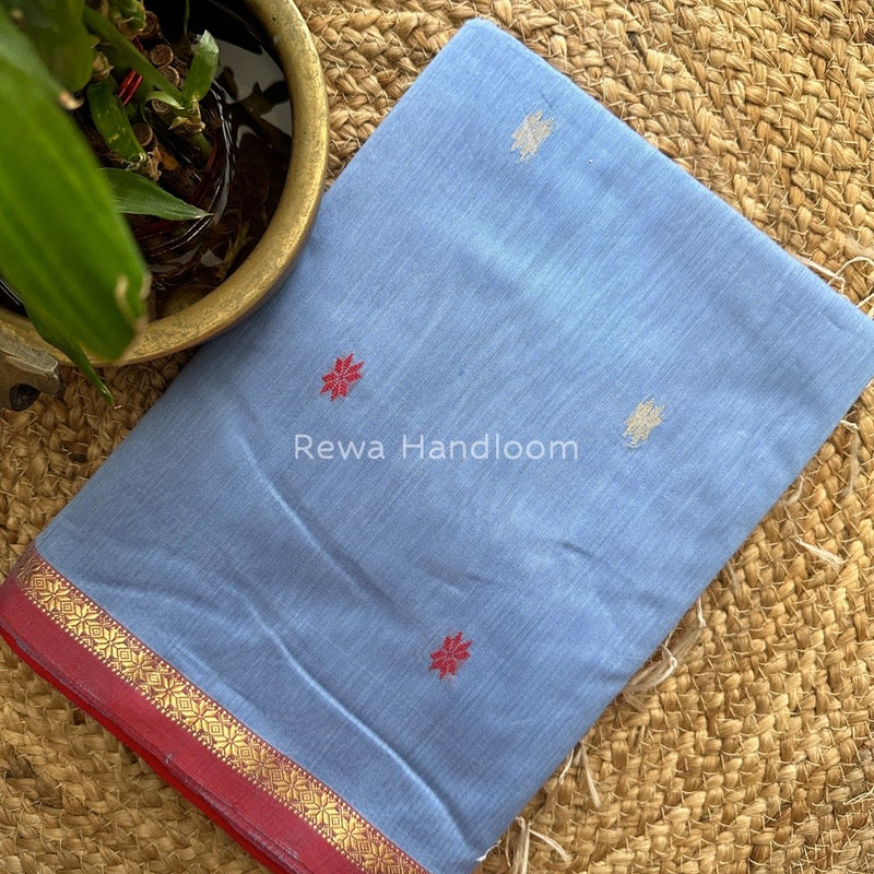 Grey-Red Zari Butti Maheshwari Saree SBS0036