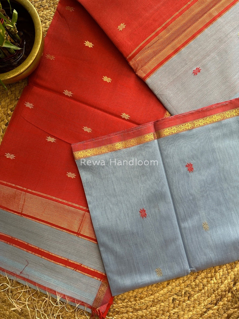 Grey-Red Zari Butti Maheshwari Saree SBS0036