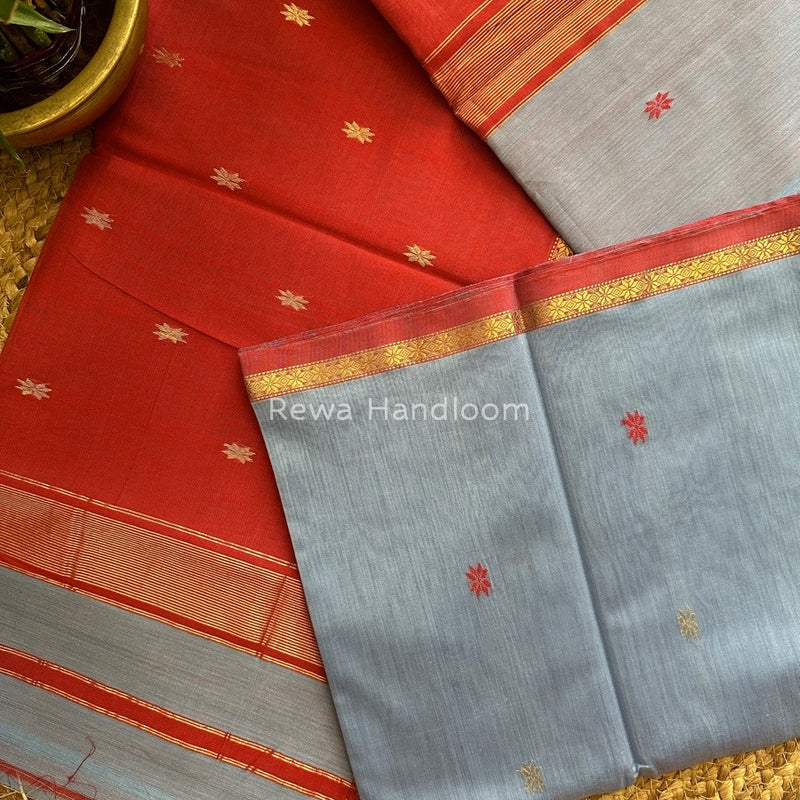 Grey-Red Zari Butti Maheshwari Saree SBS0036