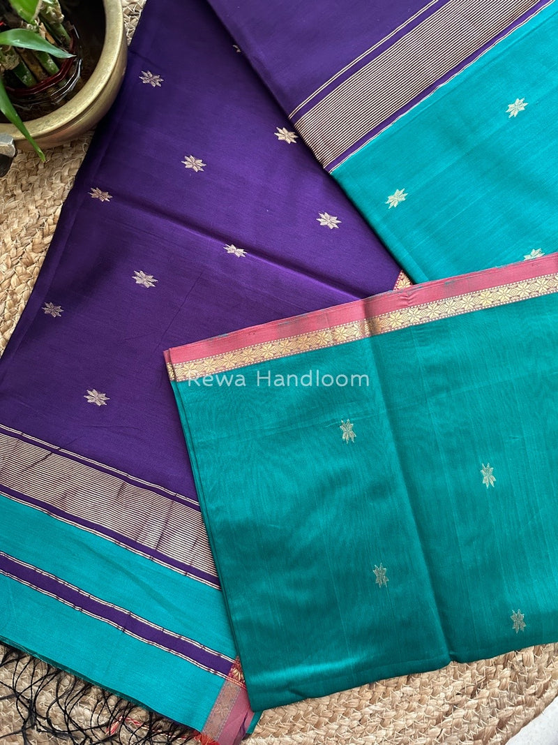 Sea Green-Violet Zari Butti Maheshwari Saree SBS0035