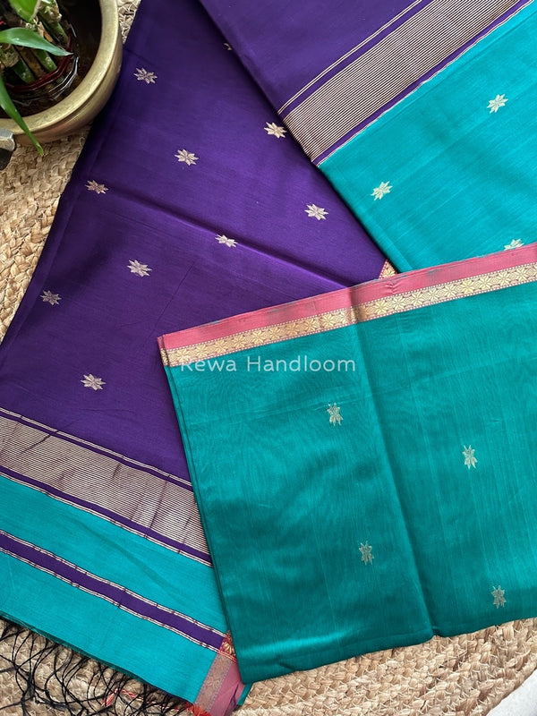 Sea Green-Violet Zari Butti Maheshwari Saree SBS0035