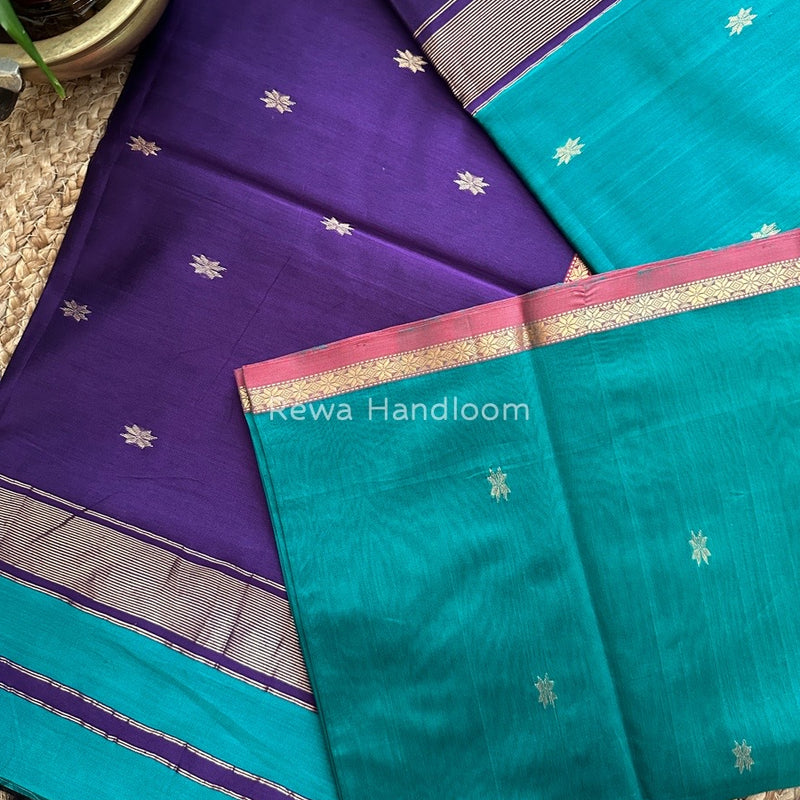 Sea Green-Violet Zari Butti Maheshwari Saree SBS0035