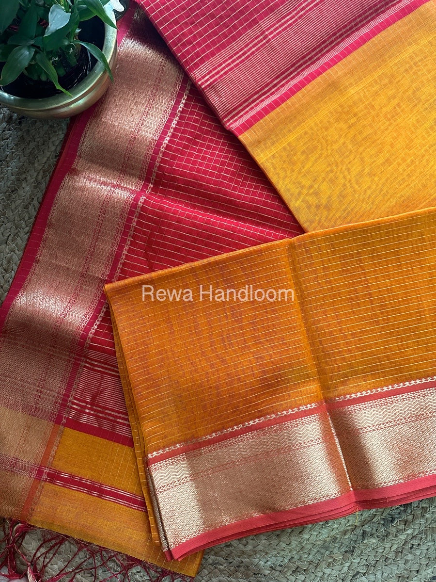 Maheshwari Mustard Orange Zari Linning Saree-GL08