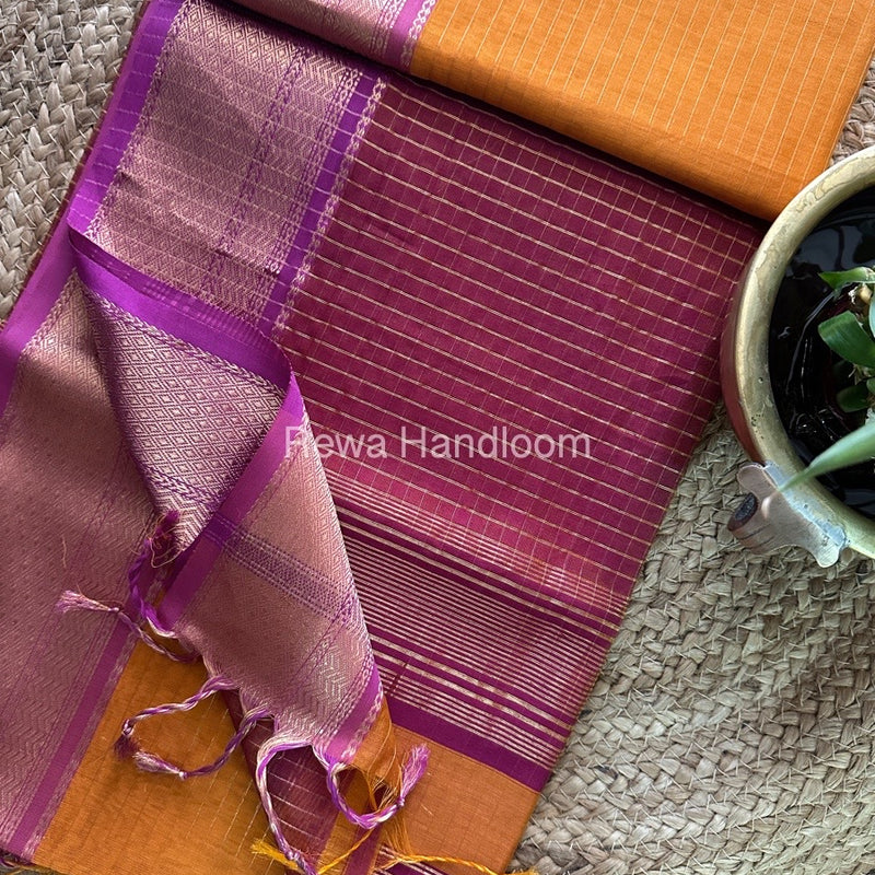 Maheshwari Rust orange Zari Linning Saree-GL07