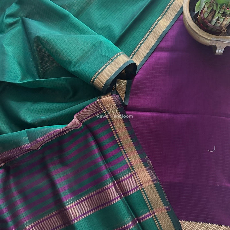 Maheshwari Purple-Green Zari Border Dress Material MSBS027