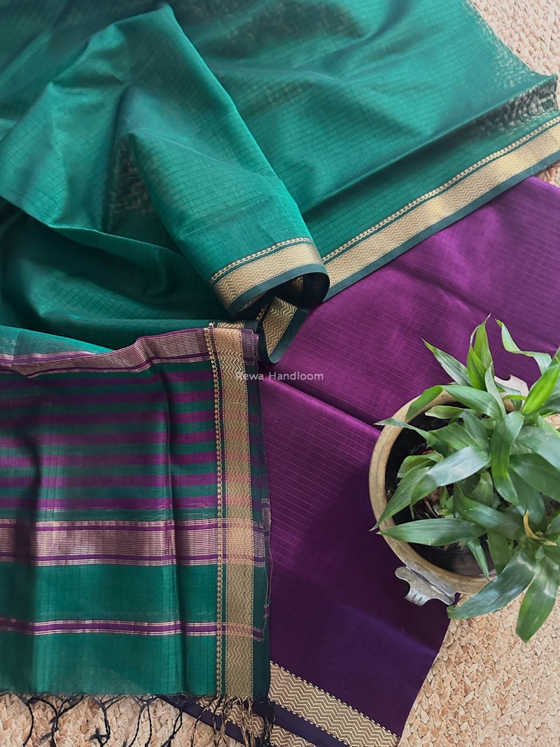 Maheshwari Purple-Green Zari Border Dress Material MSBS027