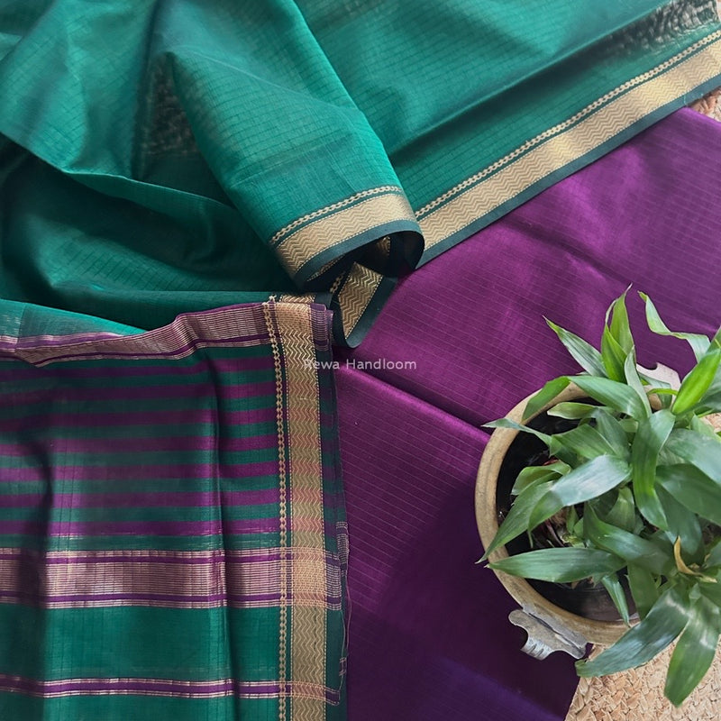 Maheshwari Purple-Green Zari Border Dress Material MSBS027