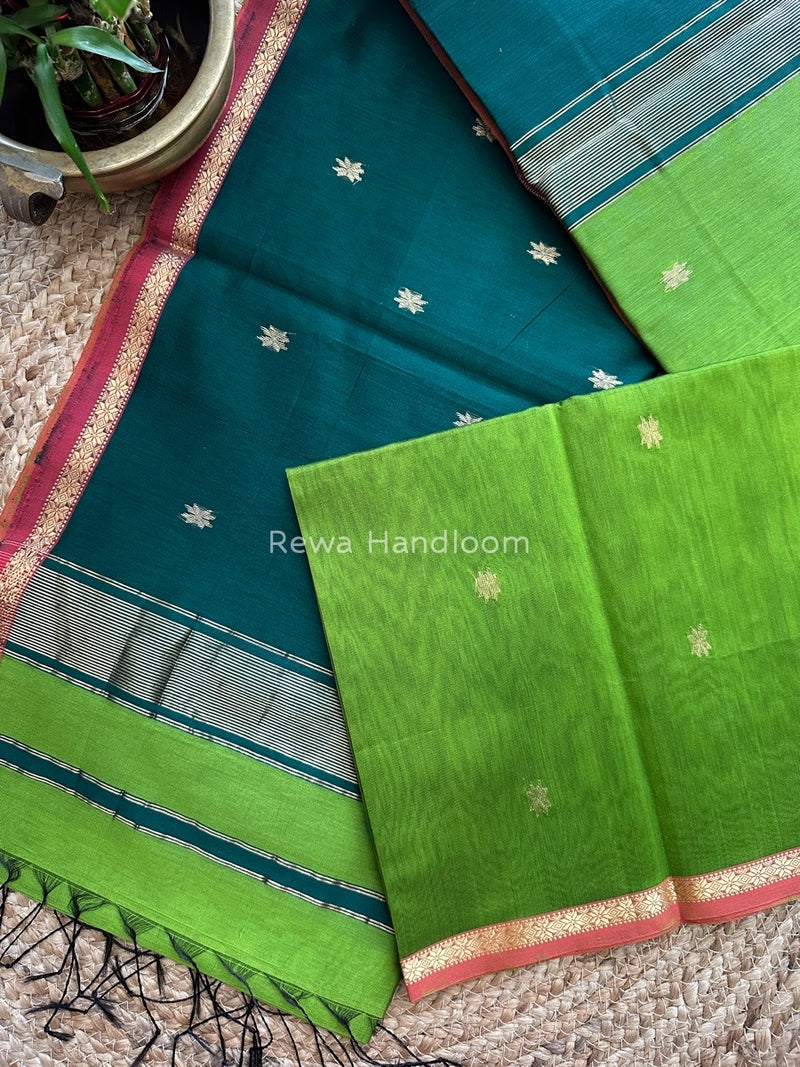Parrot Green-Dark Green Zari Butti Maheshwari Saree SBS0039