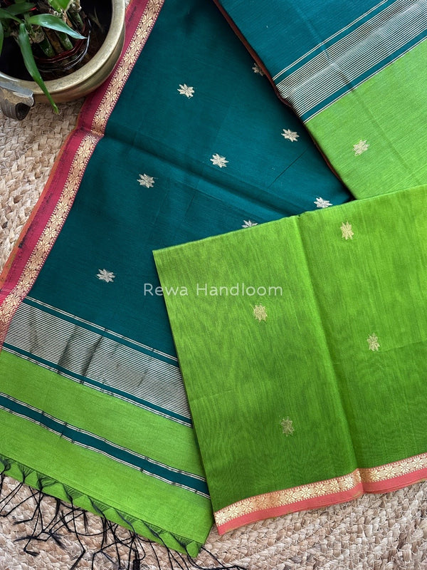 Parrot Green-Dark Green Zari Butti Maheshwari Saree SBS0039