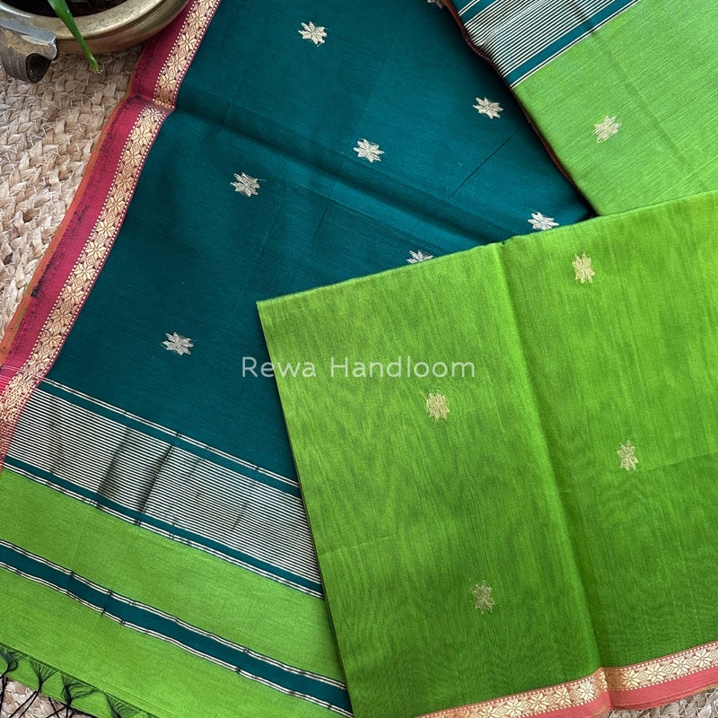 Parrot Green-Dark Green Zari Butti Maheshwari Saree SBS0039