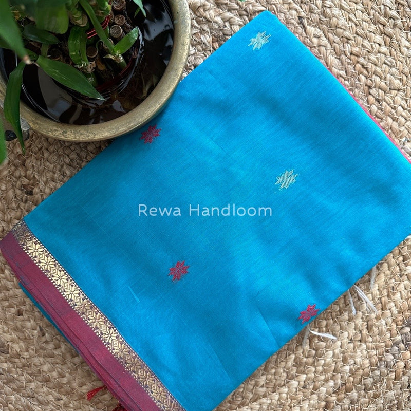 Aqua Blue-Red Zari Butti Maheshwari Saree SBS0038